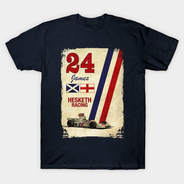 Retro Formula 1 Hesketh Racing James Hunt 24 T-Shirt T-Shirt by funkymonkeytees